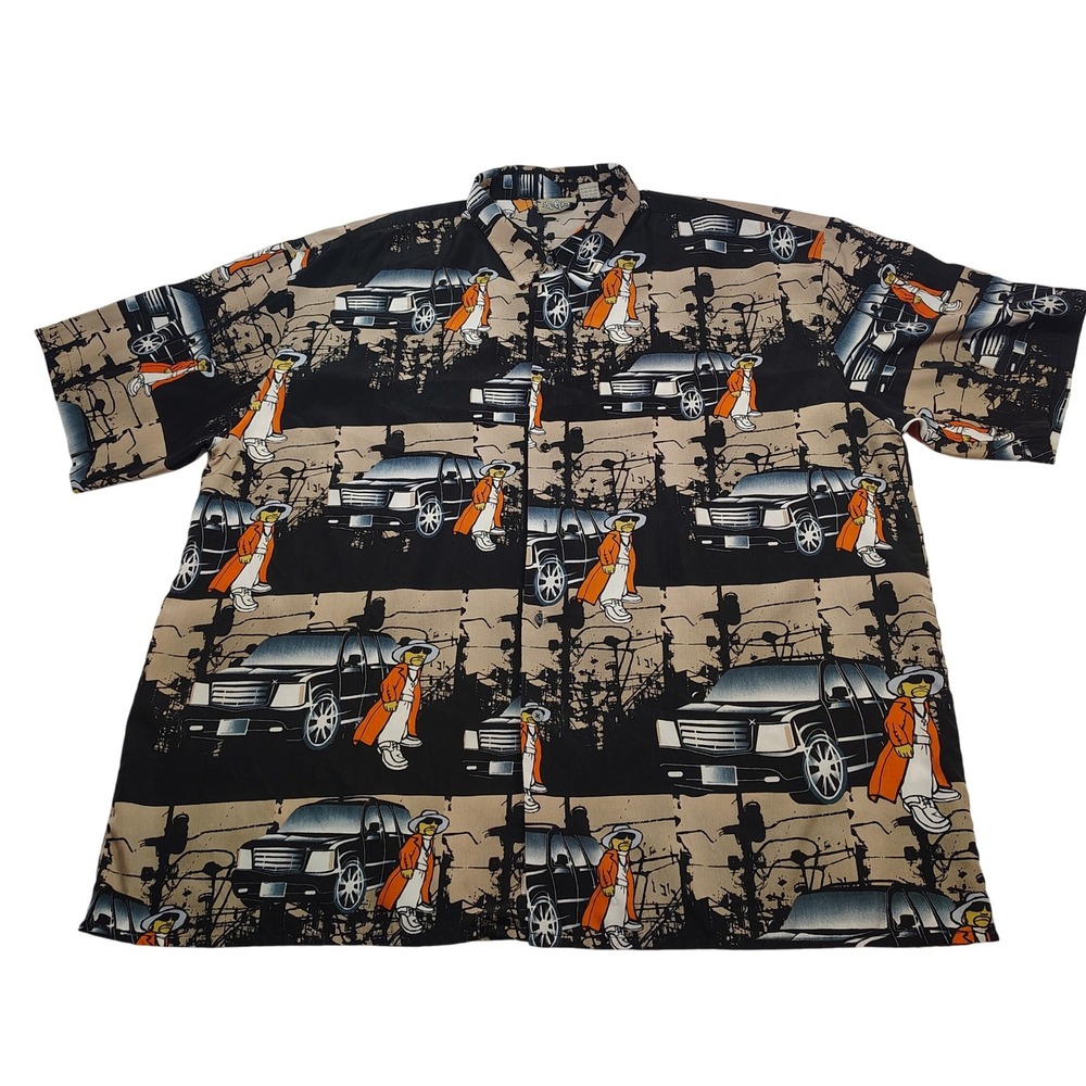 Vtg Uprok Cadillac Shirt Men 3XL Black Orange Short‎ Sleeve Button Up streetwear